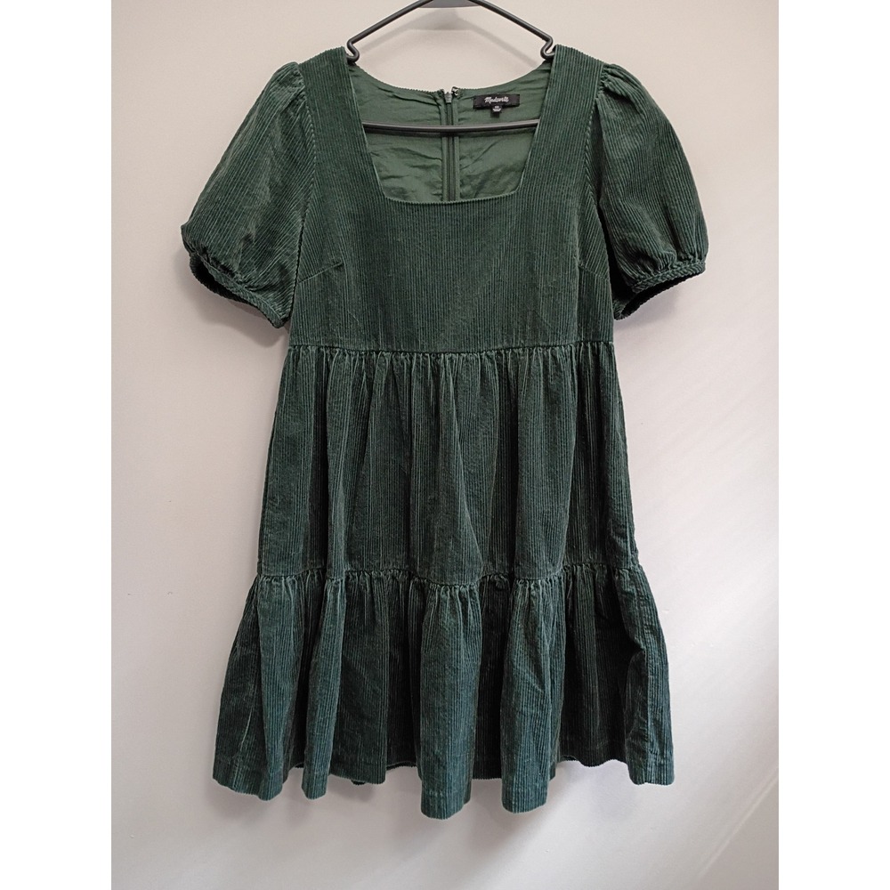 Madewell Green Corduroy Puff Sleeve Tiered Mini Dress Forest Green 00 Babydoll